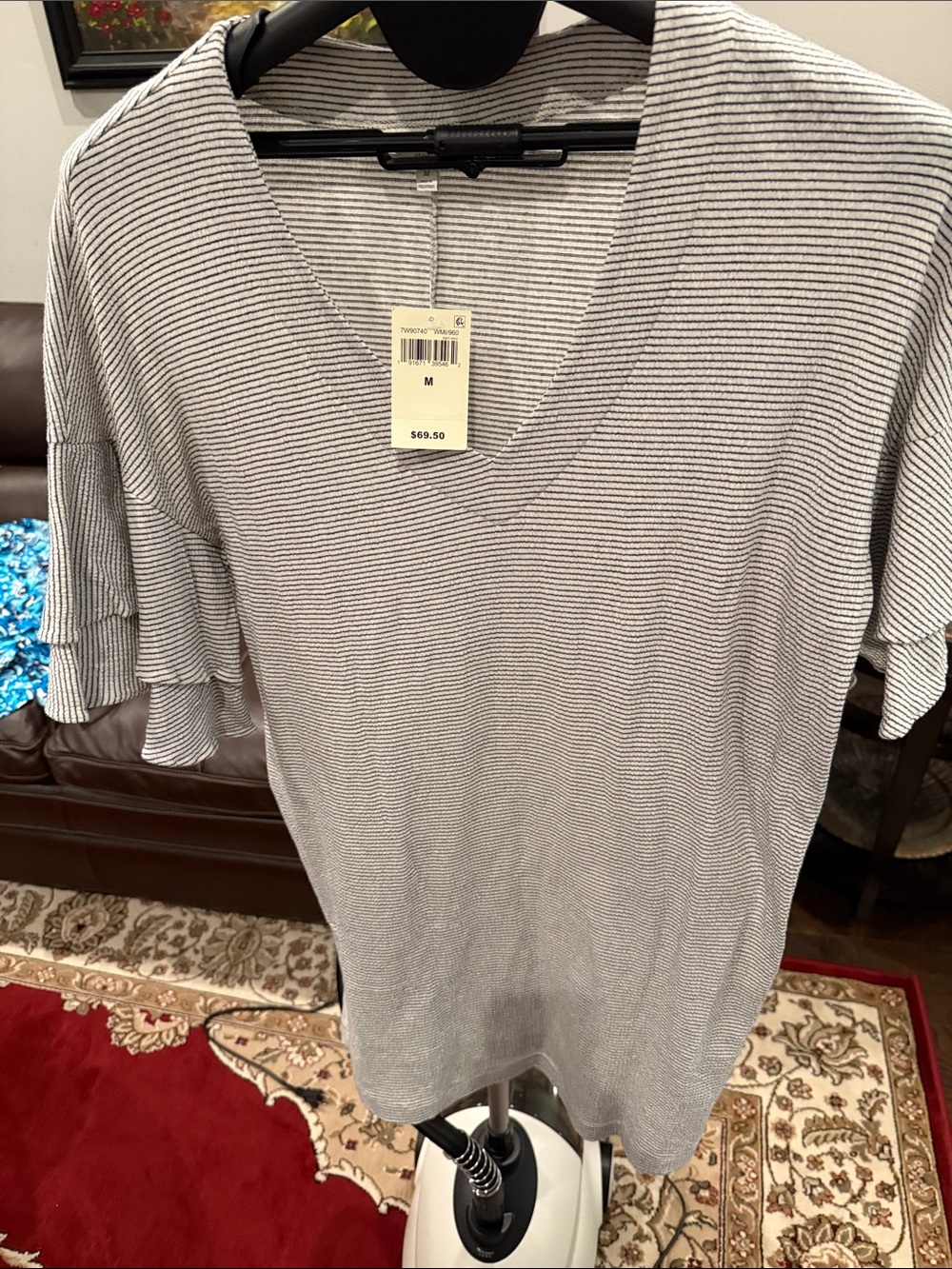 Lucky Brand Striped V-Neck Ruffle Sleeve Dress Gray/White